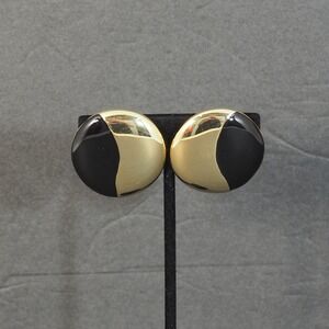 Alexis Kirk Clip On Earrings Large Black Enamel Gold Tone Round Disc MOD Vintage